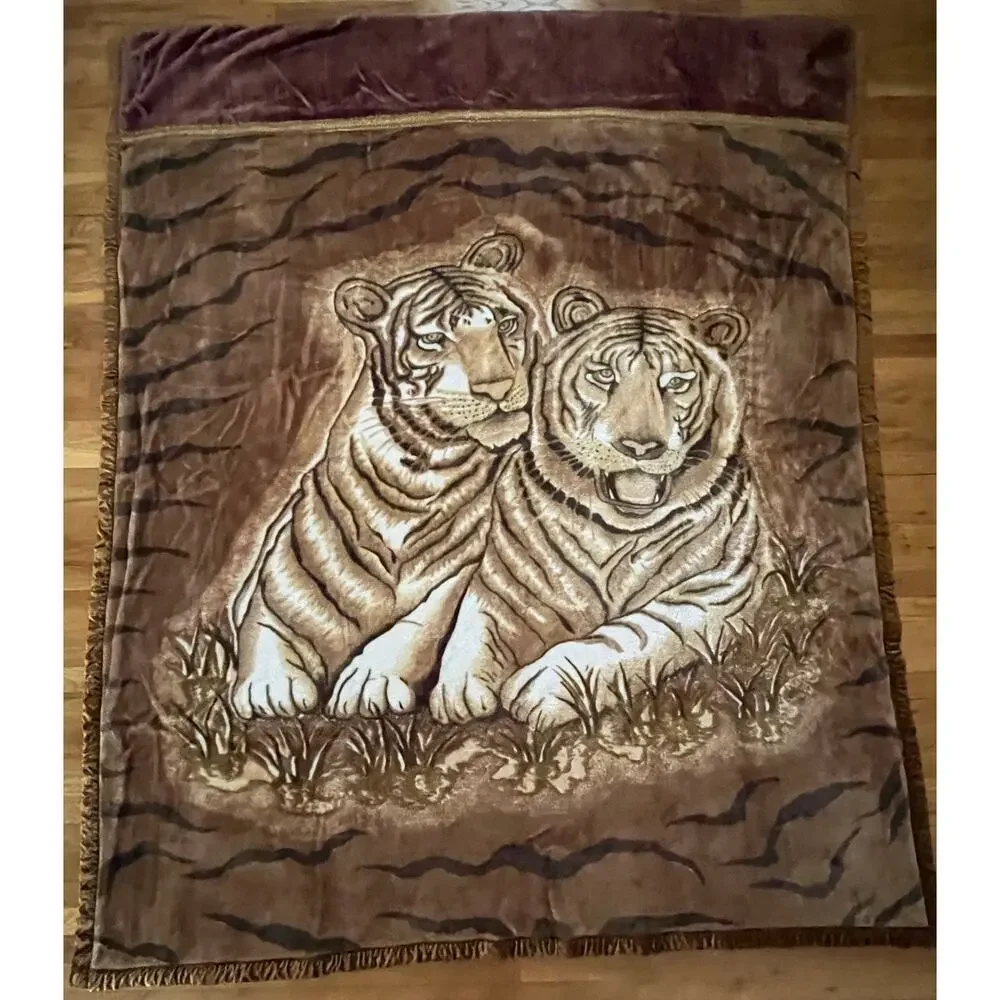 Vintage Queen Tiger Animal Plush Acrylic Korean Mink Reversible Blanket Sz 89x77